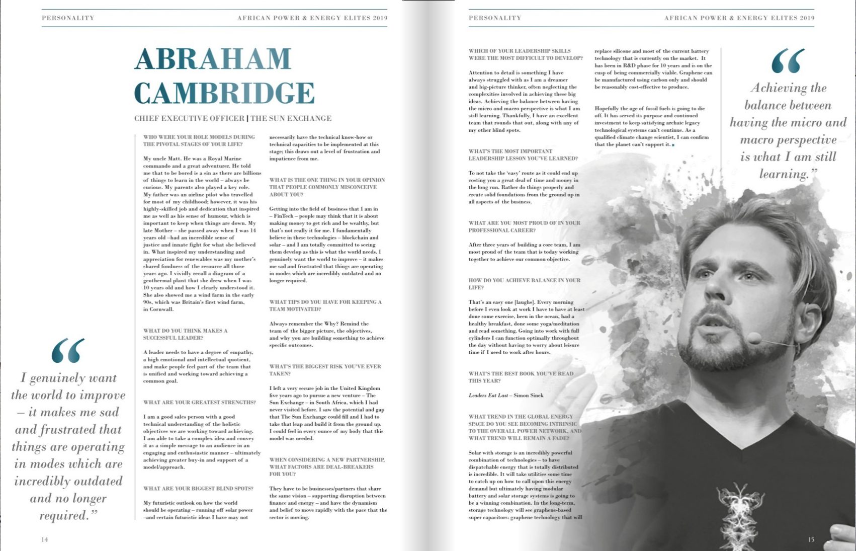 Two-page magazine profile of Abraham Cambridge in African Power and Energy Elites 2019